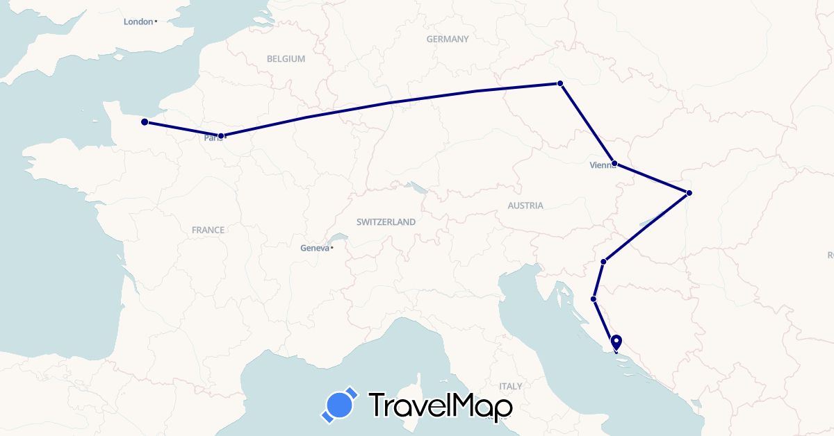 TravelMap itinerary: driving in Austria, Czech Republic, France, Croatia, Hungary (Europe)